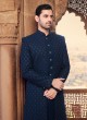 Jacket Style Indowestern In Teal Blue color